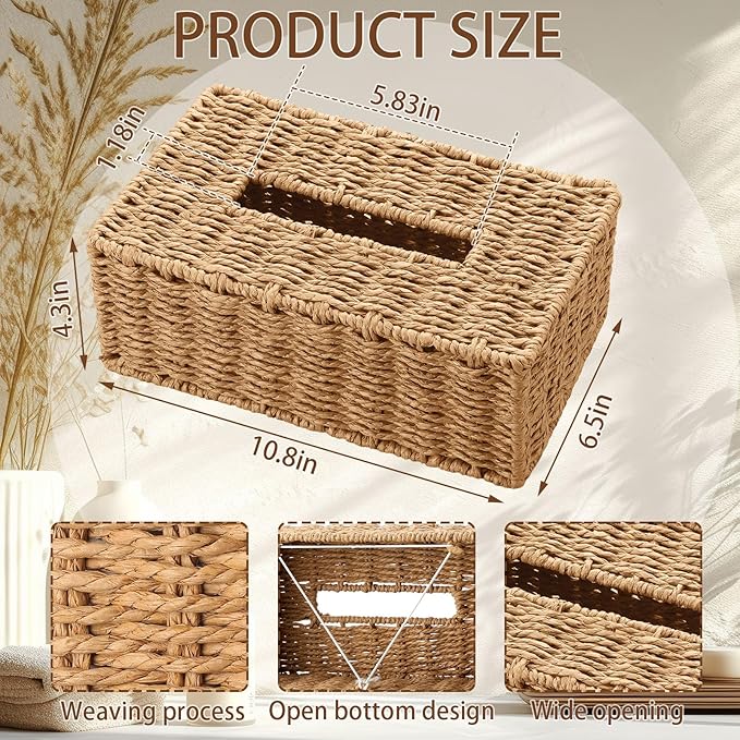 Tissue Box Cover Rectangle Natural Paper Rope Hand Woven Tissue Box Holder for Bathroom Living Room Bedroom Kitchen Table Desk Office Farmhouse Home Decor (Natural)