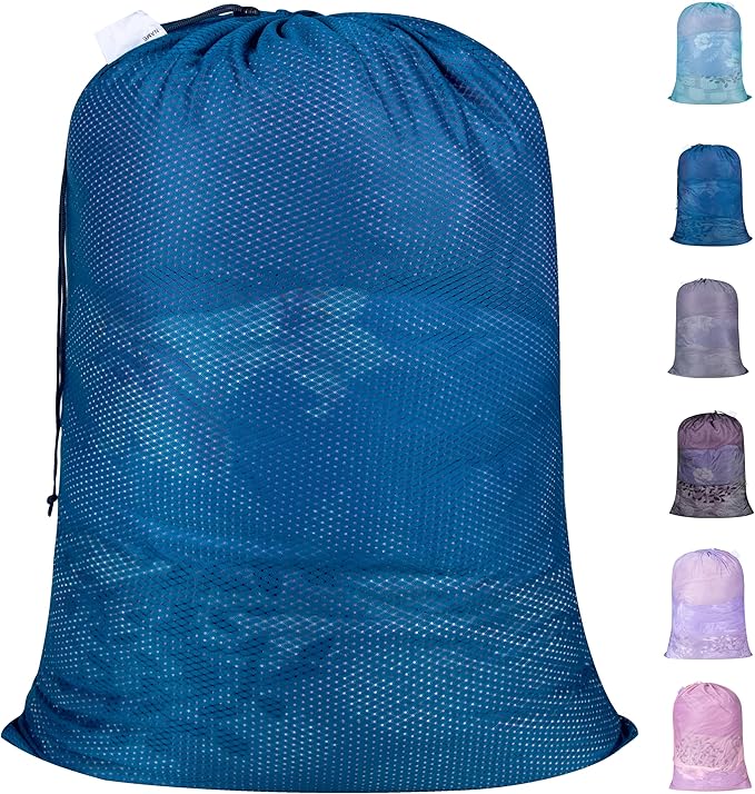Polecasa Heavy Duty Diamond Mesh Laundry Bags 24x36"- Machine Washable Large Commercial Grade Laundry Bag with Drawstring & ID Tag for College Dorms, Travel, Sports Equipment – Blue