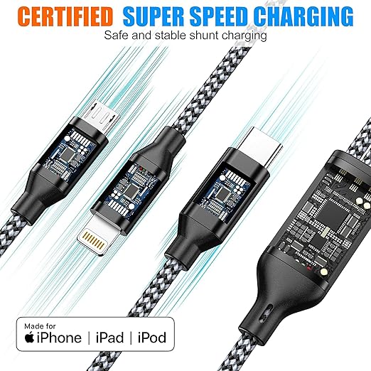 Multi Charging Cable 10ft 2Pack 3 in 1 Charger Cord, Long Multiple Rapid Nylon Braided Cable USB Charging Cable Multi Phone Charger Cord with Type C Micro Lightning USB Connectors for Cell Phones