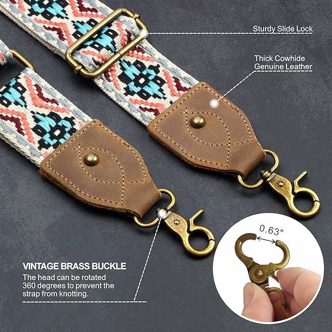 Nefelibata Purse Strap-2"Crazy Horse Leather Bag Strap Adjustable Replacement,Retro Jacquard Embroidery Crossbody Straps