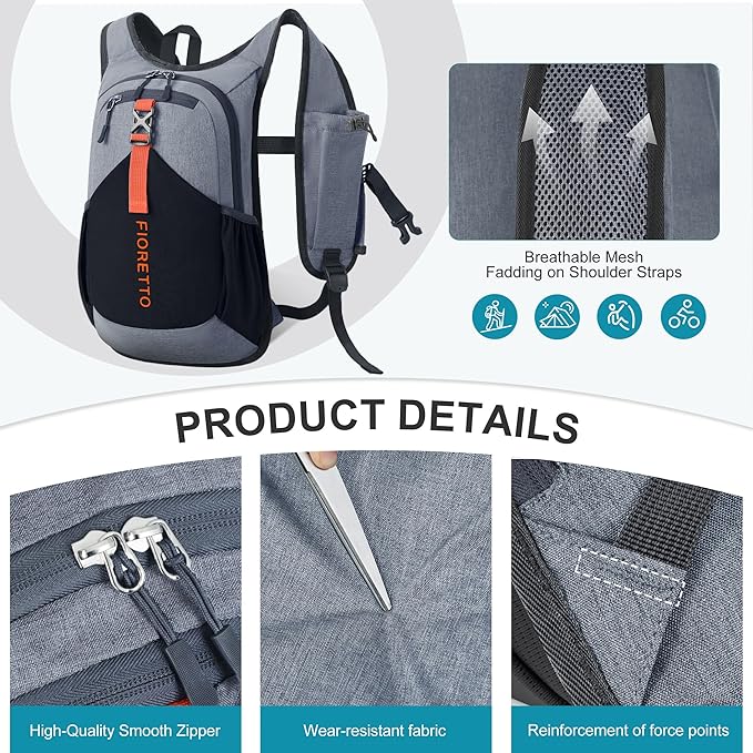 FIORETTO 10L Hiking Backpack for Women Men Mini Packable Backpack Lightweight Small Daypack for Camping Travel Outdoor, Grey and Black