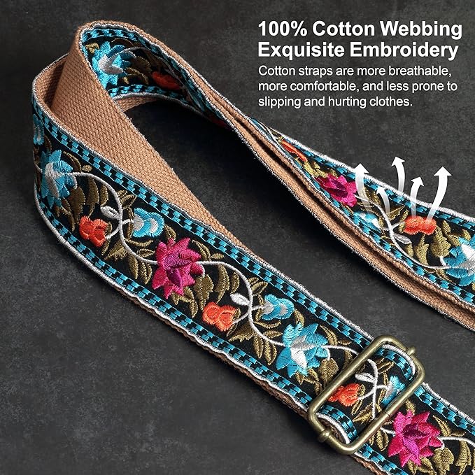 Nefelibata Purse Strap-2"Crazy Horse Leather Bag Strap Adjustable Replacement,Retro Jacquard Embroidery Crossbody Straps