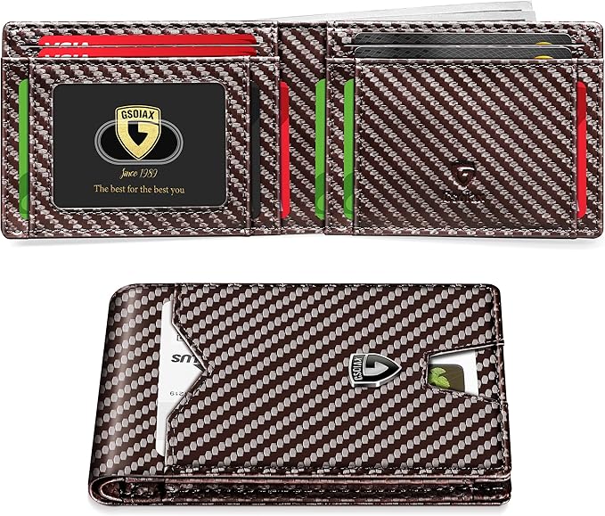 GSOIAX Slim Wallet for Men Rfid Blocking Leather Bifold Front Pocket Carbon Fiber Men's Money Clips Credit Card Holder With Gift Box