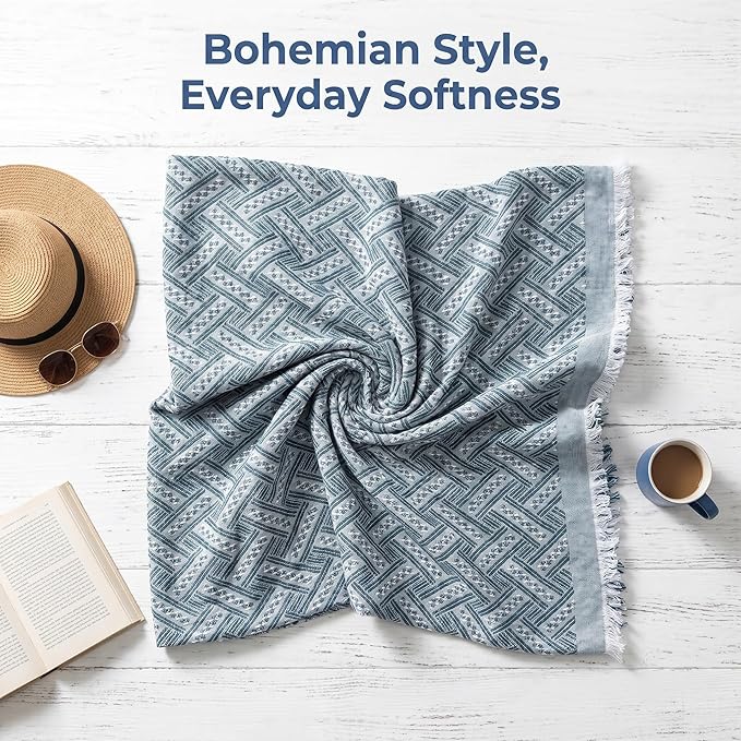 70x70 Bohemian Picnic Mat Extra Large, Sand Proof Outdoor Camping Blanket Machine Washable, Lightweight Portable Travel Tarp for 5-7 Adults Beach Park Grass (Green-T-Grid)