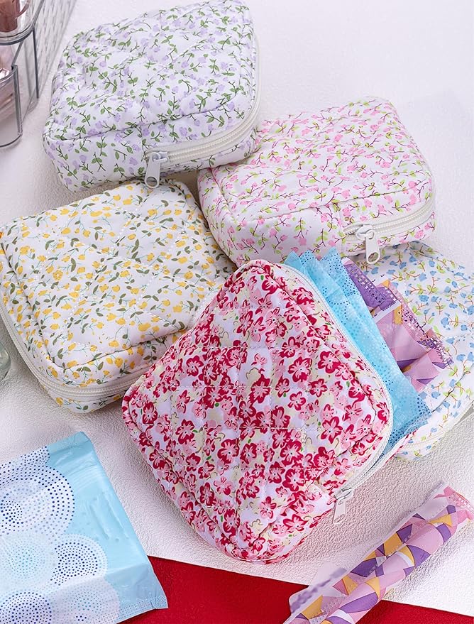 Period Bag for Girls, Quilted Period Pouch for Women, Floral Sanitary Napkin Storage Bag Menstrual Pad Pouches Tampon Holder for Purse Pad Bag Gifts for Teen Girls(Purple)