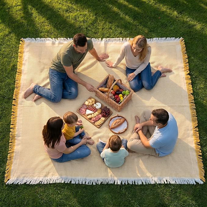 70"x 70" Picnic Blanket Extra Large,Layer Outdoor Blanket for 5 to 7 Adults,Camping Grass Lawn Park Accessories Cute Couple Gifts Ideas Wedding Registry for Park, Beach (Yellow)