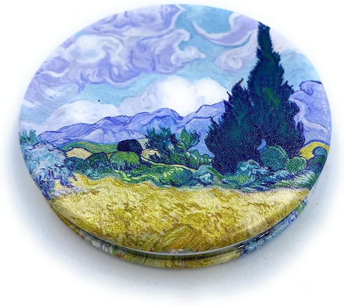 Art Gifts for Women Travel Mirror Van Gogh Handheld Mirror Small Cosmetic Compact Mirror Cute Pocket Mirror Design Print Wheat Field and Cypress, Diameter 2.75 inch x 0.4 inch Thickness