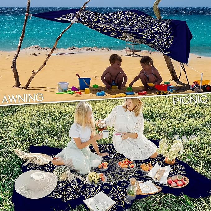 BYDOLL Beach Blanket Waterproof Sandproof Large Sand Free,78''X81''/10'X9' Oversized Sandless Lightweight Blanket Picnic Mat for Beach Travel Camping Hiking with Stakes