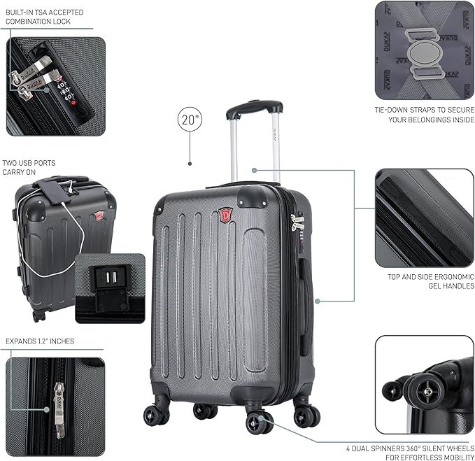 DUKAP INTELY Luggage with Integrated USB Port and Spinner Wheel | Spacious Travel Suitcase with TSA Lock and Ergonomic GEL Handle | 20 Inch Hardside Carry-On Luggage | Grey
