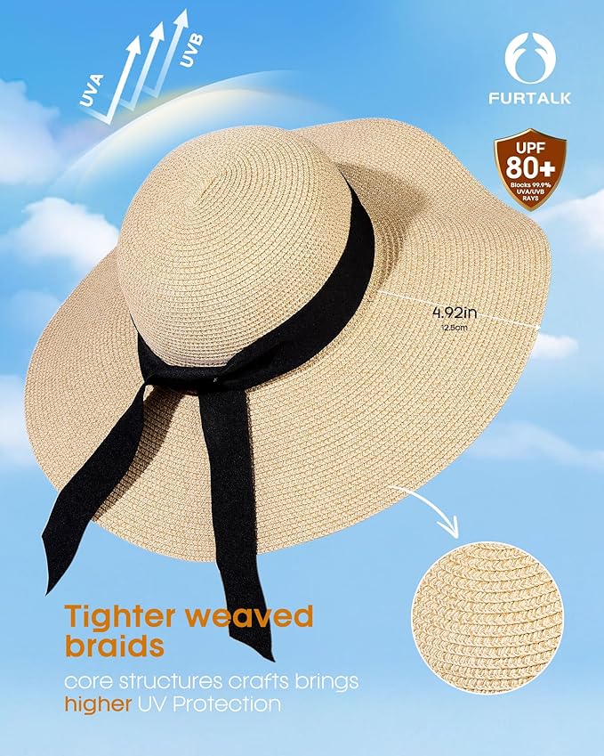 FURTALK Womens Sun Straw Hat Wide Brim UPF 80 Summer Hat Foldable Packable Floppy Beach Hats for Women