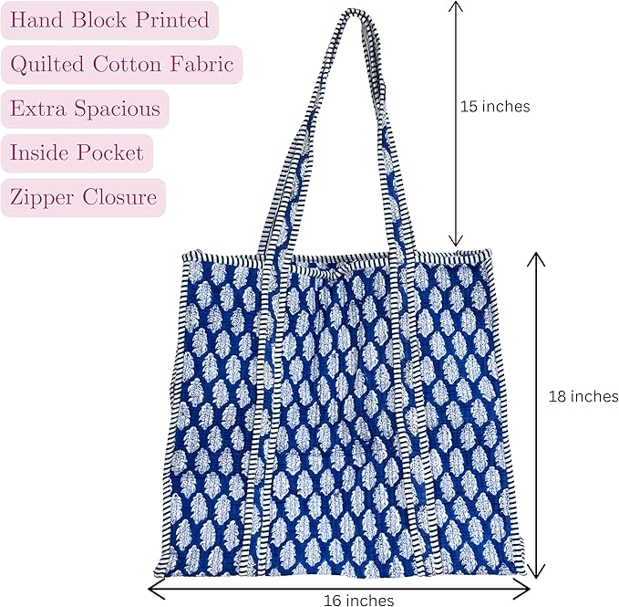 ATOSII Women Handblock Print Quilted 100% Cotton Floral Large Shoulder Tote Bag with Pocket, Zipper for Work, Beach & Travel