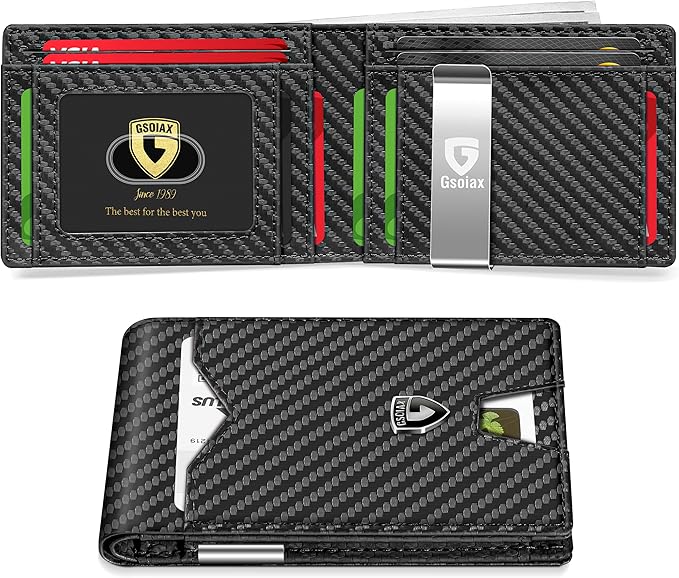 GSOIAX Slim Wallet for Men Rfid Blocking Leather Bifold Front Pocket Carbon Fiber Men's Money Clips Credit Card Holder With Gift Box