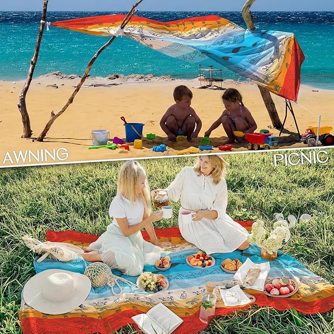 BYDOLL Beach Blanket Waterproof Sandproof Large Sand Free,78''X81''/10'X9' Oversized Sandless Lightweight Blanket Picnic Mat for Beach Travel Camping Hiking with Stakes