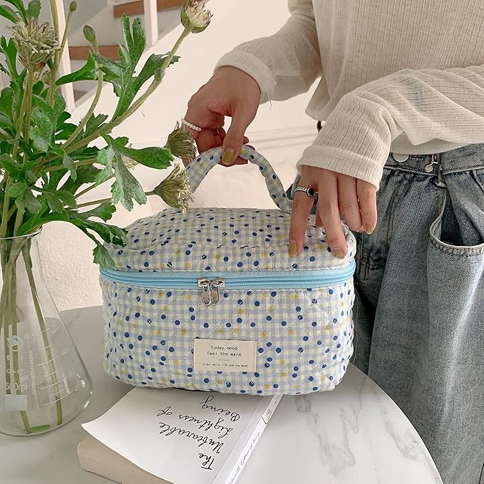 VIWIME Makeup Cosmetic Bag, Large Cotton Quilted Travel Coquette Aesthetic Cute Floral Make up Bag for Women Toiletry Bag Organizer (105- Blue Point / 2Pcs)