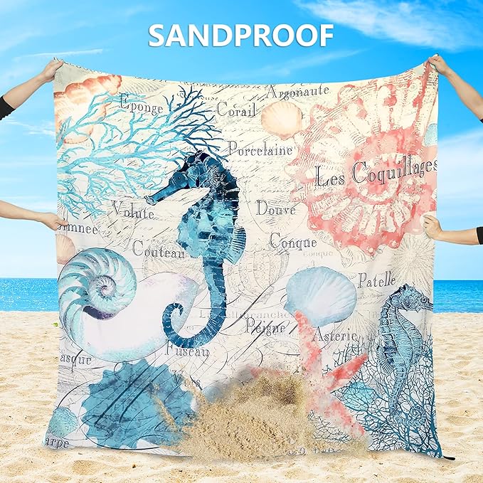 HIHOHO Beach Blanket Waterproof Sandproof Beach Mat for 1-8 Adults Quick Drying Durable Outdoor Picnic Mat for Beach Festival Travel Camping Hiking (Vintage-Seahorses, 79"×83"(4 Person))