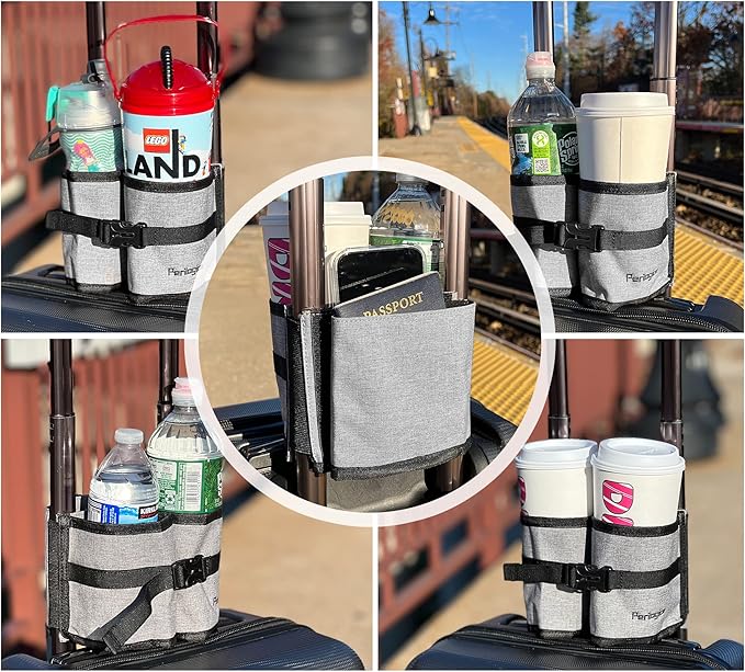Perilogics Luggage Travel Cup Holder Attachment for Suitcase Drink, Coffee Mug, Bottle Caddy. Traveler Carry on Hands Free Accessory. Ideal for Frequent Travelers or Flight Attendants Gift.