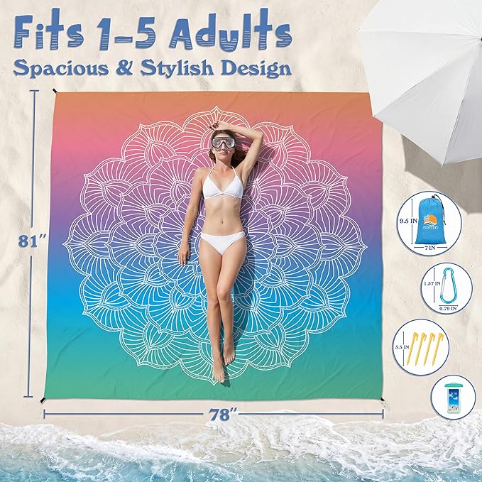 Aroveea Beach Blanket Waterproof Sandproof 1-7 Adult Oversized 78''X81''/10'X9' Lightweight Durable Compact Sand Free Beach Mat for Travel Camping Hiking Picnic Blanket