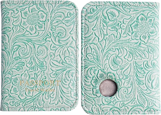 lizimandu Passport Holder with Airtag Slot, Airtag Passport Wallet for Men Women, Slim Leather Passport Holder Case Family for Travel Anti-Lost(1-Carved Green3)