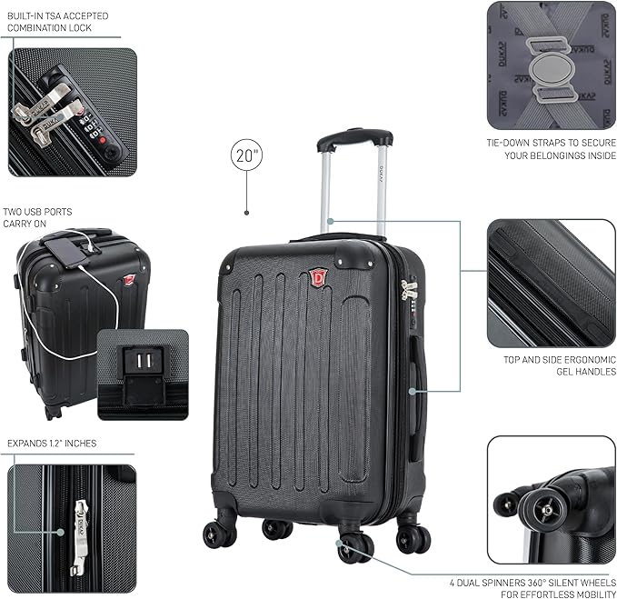 DUKAP INTELY Luggage with Integrated USB Port and Spinner Wheel | Spacious Travel Suitcase with TSA Lock and Ergonomic GEL Handle | 20 Inch Hardside Carry-On Luggage | Black
