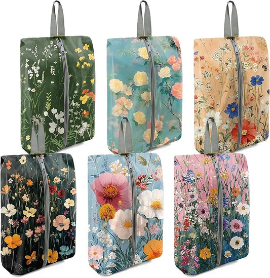 BeeGreen Flower Shoe Bags 6 Pack for Travel with Handle as Packing Organizers for Suitcase and Luggage | Portable Nylon Storage Accessories for Vacations,Gym,Sport,Essential Gifts for Women and Men