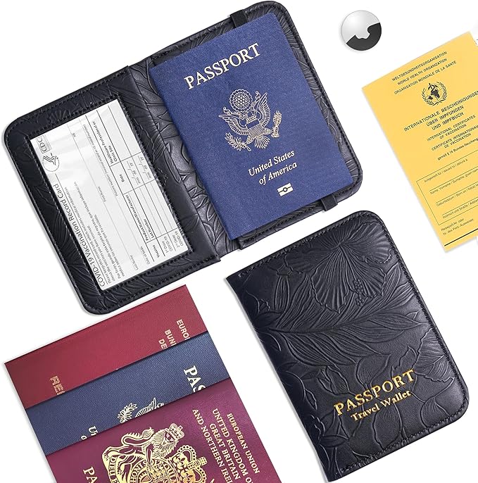 lizimandu Passport Holder with Airtag Slot, Airtag Passport Wallet for Men Women, Slim Leather Passport Holder Case Family for Travel Anti-Lost(1-Carved Black)