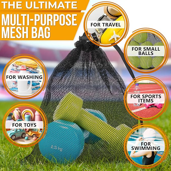 5Pcs Small Mesh Bags Drawstring Black Nylon – 11.8x7.48" Secure Cinch-Top, Mesh Bag for Tennis, Pickleball, Golf, Travel, Beach, Sports Equipment, and Mushroom Foraging – Quick-Dry and Tear-Resistant