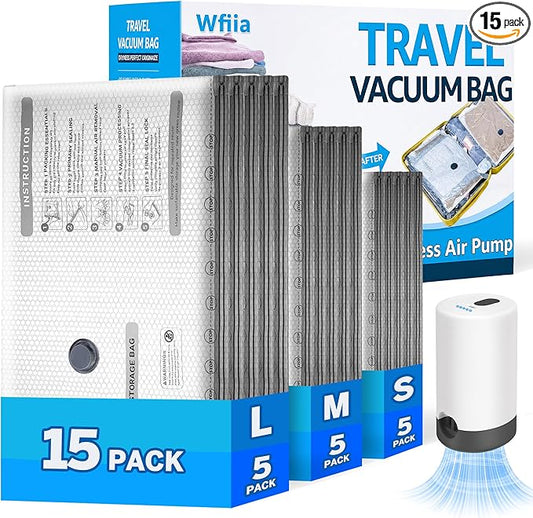 15 Packs Vacuum Bags for Travel with Rechargeable Pump, 3 Sizes Vacuum Seal Bags for Clothing, Compression Vacuum Travel Bags for Luggage, Vacuum Packing Bags for Closet Organization
