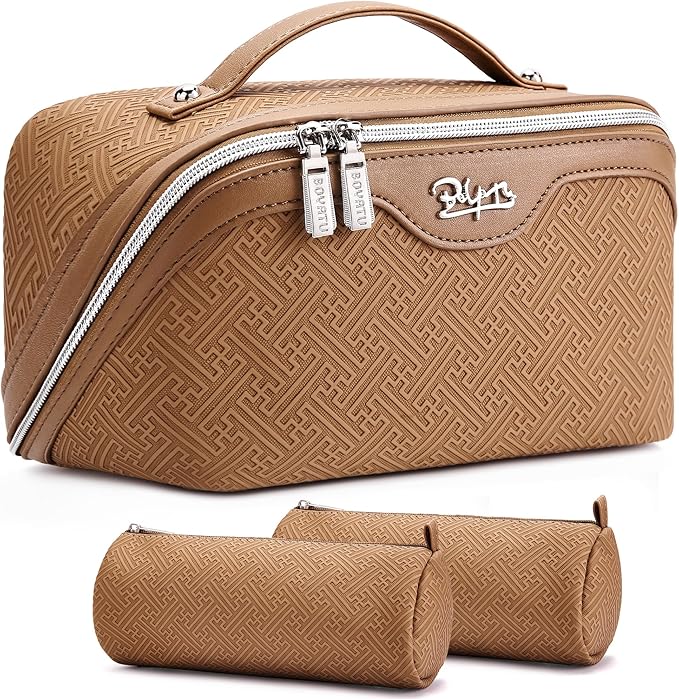 BOYATU Travel Makeup Bags for Women: Vintage Roman Column Texture Large Capacity Cosmetic Bag - Each Journey, Quiet Luxury Serenity - 3 Pcs Set Organizer Toiletry Purse 50% Extra Storage(Brown)