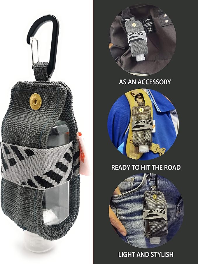 SUCHI Travel Size Hand Sanitizer Holder,Bottle Case and Carabiner Carrier bag-Portable Mini Waist Bag for Liquids Clip On Belt Loop,Backpack and Purse-Includes Empty 60ml/ 2 oz Reusable Bottle (Gray)