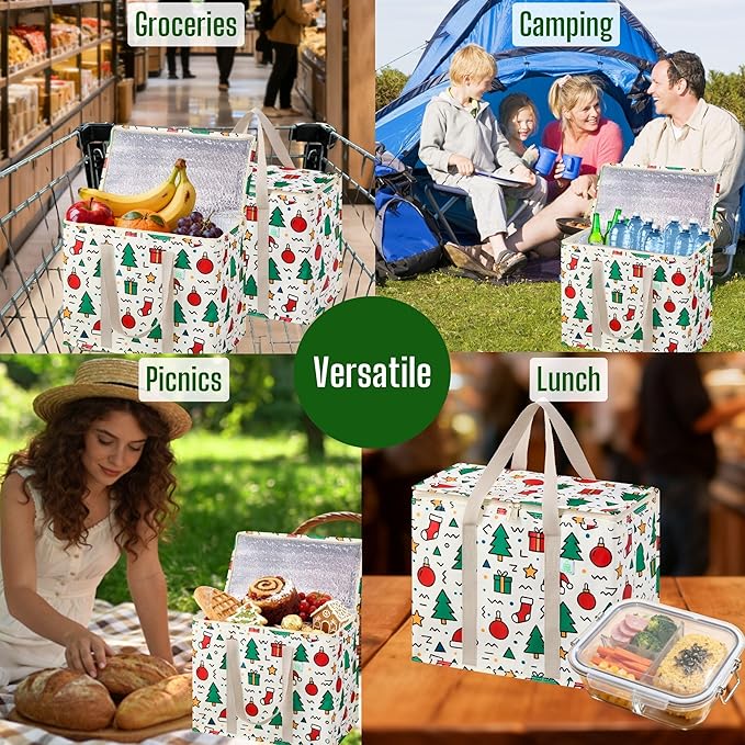 VENO 2 Pack Insulated Cooler Bag for Food Delivery, Reusable Grocery Shopping Bag, Heavy Duty, Large Size, Durable Handles, Double Zippers, Lid, Collapsible (Jingle Mix, 2 Pack)