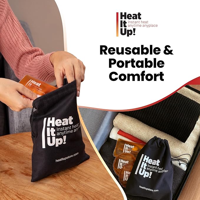 Reusable Hand Warmers – Heat It Up 8 Instant Reusable Heat Packs for Hot Compress & Pain Relief – Pocket Size Reusable Heat Pack Set with Fabric Bag for Travel