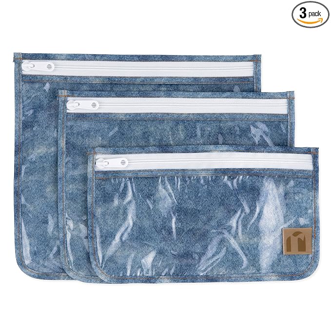 Bumkins Roamio Travel Bag, Toiletry, TSA Approved Pouch, Zip Quart Size Airline Compliant, Clear-Sided, Baby, Diaper Bag Organization, Makeup, Accessories, Carry On Packing, Set of 3 Sizes, Faux Denim