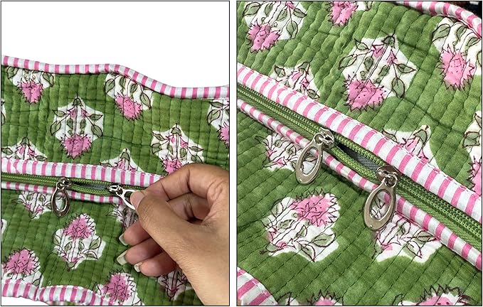ATOSII Women Handblock Print Quilted 100% Cotton Floral Large Shoulder Tote Bag with Pocket, Zipper for Work, Beach & Travel