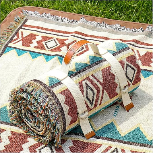 2 in 1 Extra Large Outdoor Picnic Mat Woven Summer Throw Blanket Boho Giant Beach Travel Essential Yoga Accessories Park Patio Lawn Garden Grass Ground Play Music Festival Concert Must Have