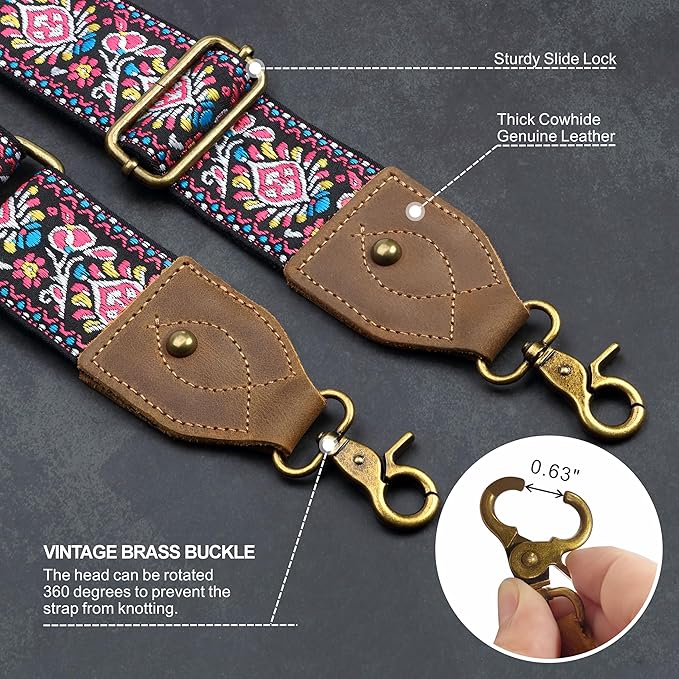 Nefelibata Purse Strap-2"Crazy Horse Leather Bag Strap Adjustable Replacement,Retro Jacquard Embroidery Crossbody Straps