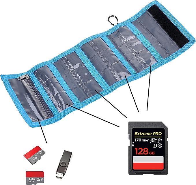 Memory Card Wallet - SD Card Storage - Slim and Foldable with Transparent Slots - Can Carry Up to 15 SD Cards - Straps with Tether Included - (Black/Blue)