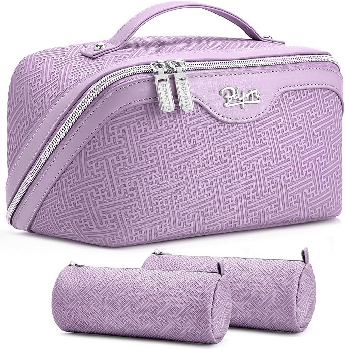 BOYATU Travel Makeup Bags for Women: Vintage Roman Column Texture Large Capacity Cosmetic Bag - Each Journey, Quiet Luxury Serenity - 3 Pcs Set Organizer Toiletry Purse 50% Extra Storage(Purple)