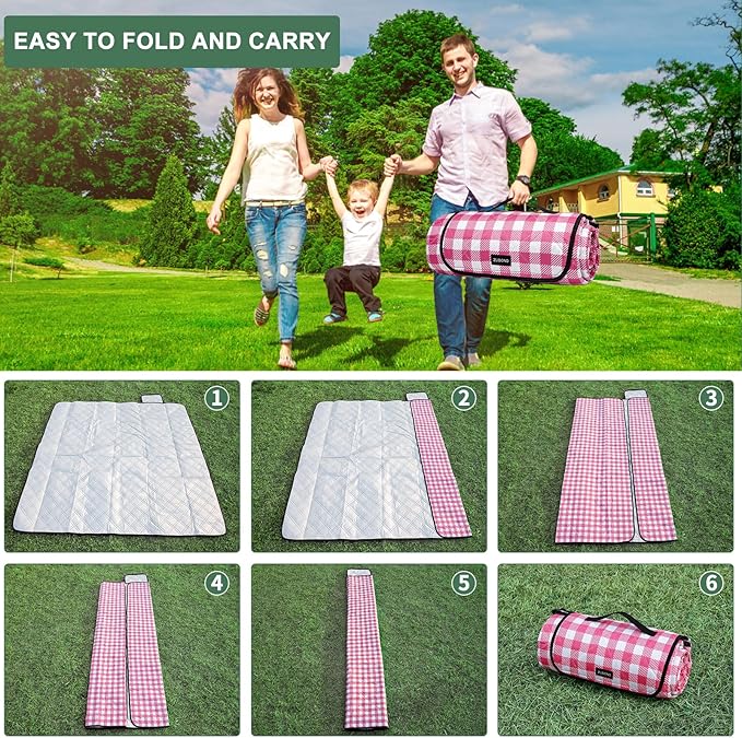 ZUBOND Picnic Blankets Waterproof Sandproof Foldable & Machine Washable, 80''x100'' Extra Large Beach Blanket, Simple Stylish Gingham Outdoor Grass Lawn Park for Family Camping Party