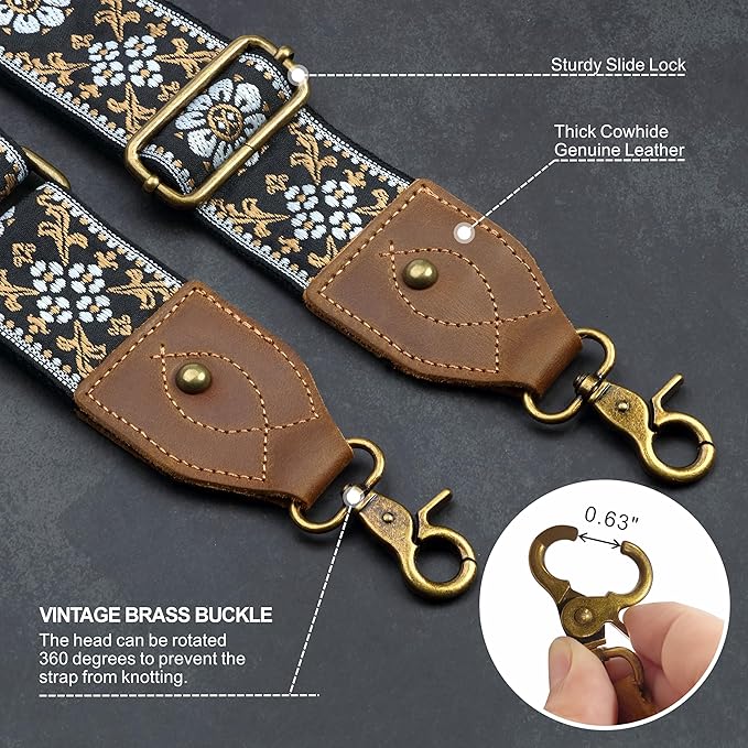 Nefelibata Purse Strap-2"Crazy Horse Leather Bag Strap Adjustable Replacement,Retro Jacquard Embroidery Crossbody Straps