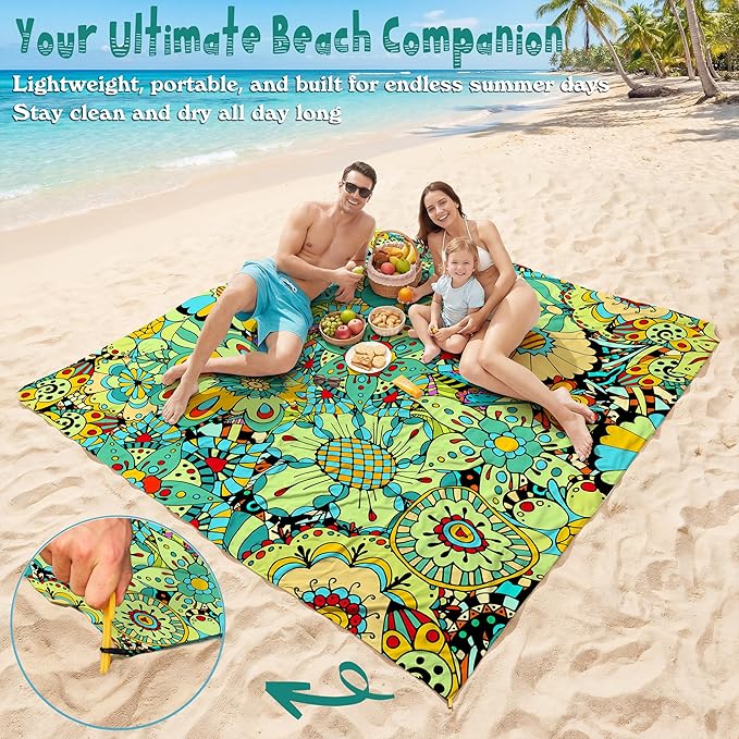 Aroveea Beach Blanket Waterproof Sandproof 1-7 Adult Oversized 78''X81''/10'X9' Lightweight Durable Compact Sand Free Beach Mat for Travel Camping Hiking Picnic Blanket