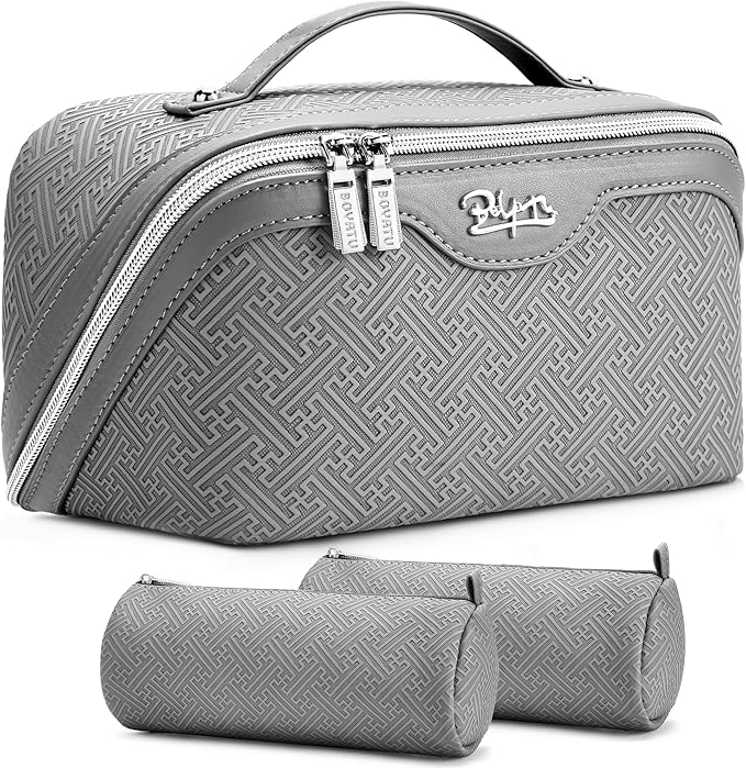 BOYATU Travel Makeup Bags for Women: Vintage Roman Column Texture Large Capacity Cosmetic Bag - Each Journey, Quiet Luxury Serenity - 3 Pcs Set Organizer Toiletry Purse 50% Extra Storage(Grey)