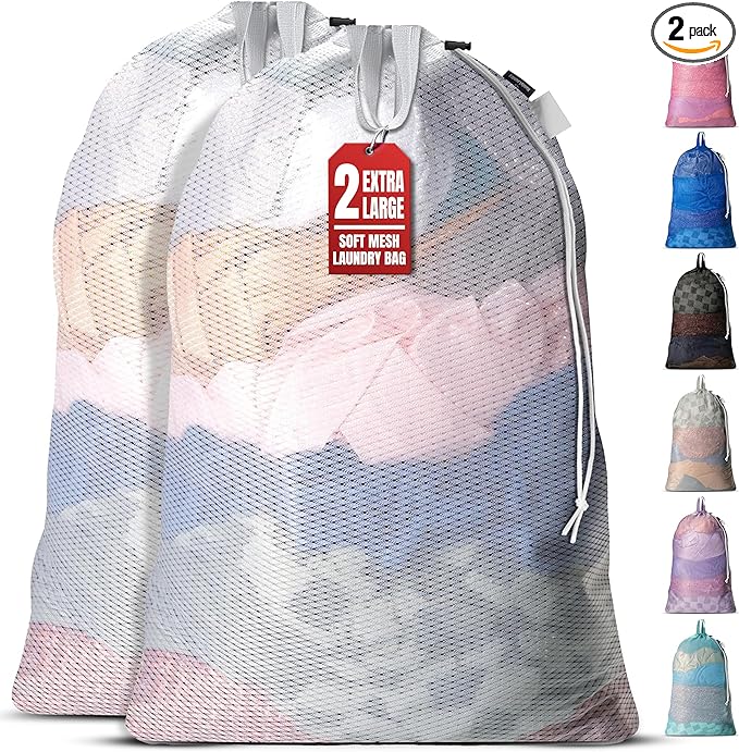 Handy Laundry Mesh Laundry Bags 24 x 36 Inches, 2-Pack - Extra Large Heavy Duty Bag with Handles & Shoulder Strap, Breathable, Machine Washable for Dorm, Travel, Bedding & Storage - White