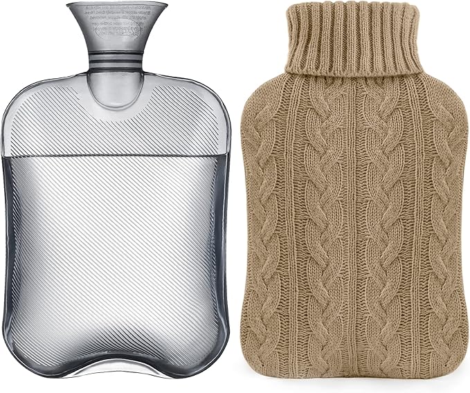 samply Hot Water Bottle with Knitted Cover, 2L Hot Water Bag for Hot and Cold Compress, Hand Feet Warmer, Ideal for Menstrual Cramps, Neck and Shoulder Pain Relief, Khaki