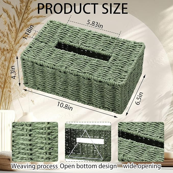 Sage Green Tissue Box Cover Rectangle Natural Paper Rope Hand Woven Tissue Box Holder for Bathroom Living Room Bedroom Kitchen Table Desk Office Farmhouse Home Decor