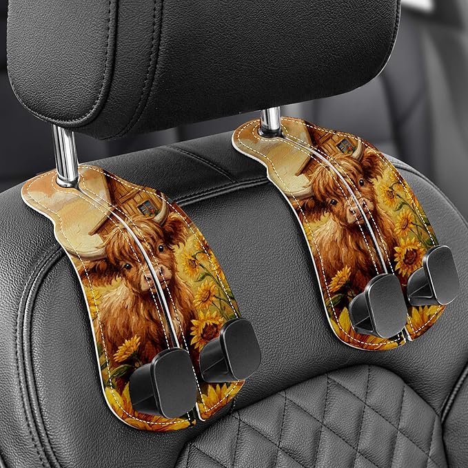 WOCOCN Purse Holder for Car, 2 Pack Heavy Duty Purse Hanger for Car, PU Leather Car Seat Hooks for Purses and Bags, Cute Cow Headrest Organizer for Handbags & Backpacks