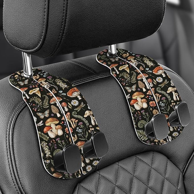 WOCOCN Purse Holder for Car, 2 Pack Heavy Duty Purse Hanger for Car, PU Leather Car Seat Hooks for Purses and Bags, Cute Mushrooms Headrest Organizer for Handbags & Backpacks