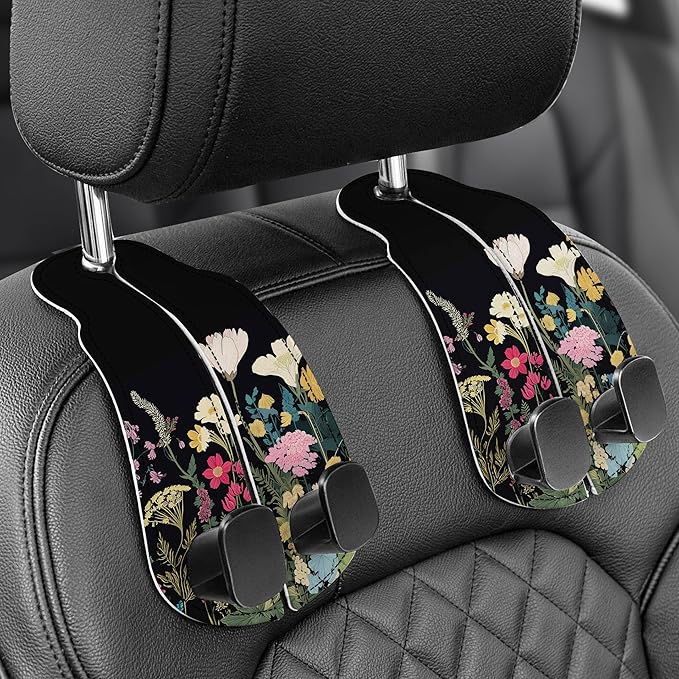 WOCOCN Purse Holder for Car, 2 Pack Heavy Duty Purse Hanger for Car, PU Leather Car Seat Hooks for Purses and Bags, Cute Floral Headrest Organizer for Handbags & Backpacks