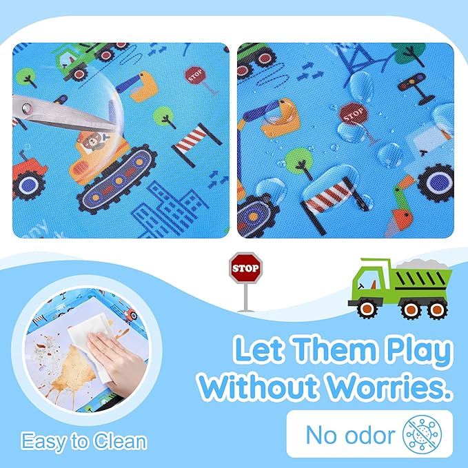 Kids Travel Tray Table Cover with Pockets – Toddler Airplane Essentials for Plane, Train, Car & Highchair, Portable Activity Board with Tablet Holder & Storage (Light Blue)