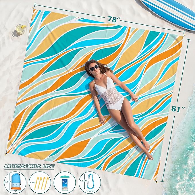 Famstar Beach Blanket Oversized Extra Large 78"X81"/10'X9',Waterproof Sandproof Beach Blanket 2-8 Adults Lightweight Durable for Travel Camping Hiking Picnic