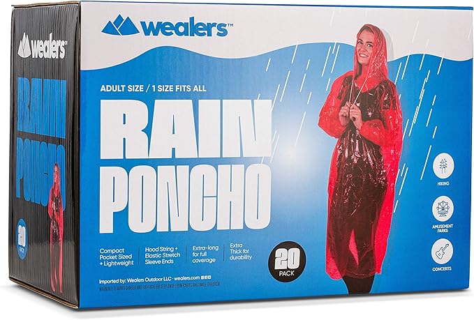 Wealers Rain Poncho Bulk Pack Disposable Ponchos Adults Emergency Raincoat Hood Strings Multi Colors